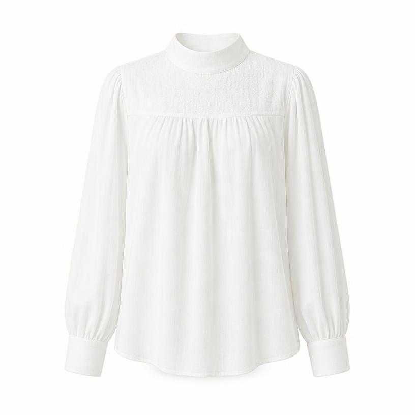 relaxed white high neckline lightweight fabric blouse