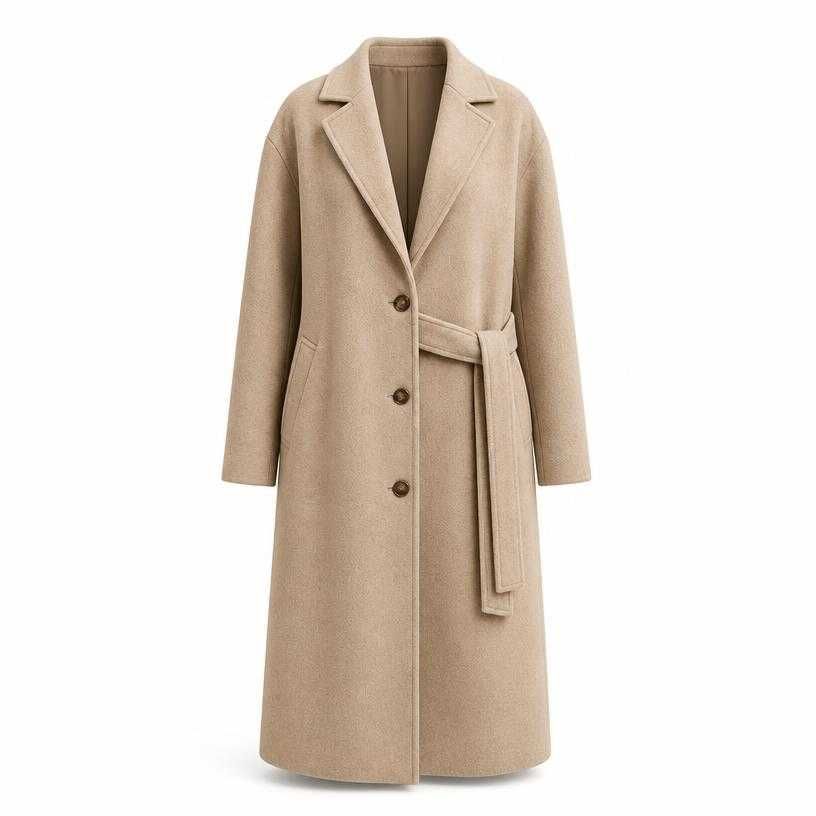 relaxed camel beige notched lapels wool-like coating overcoat
