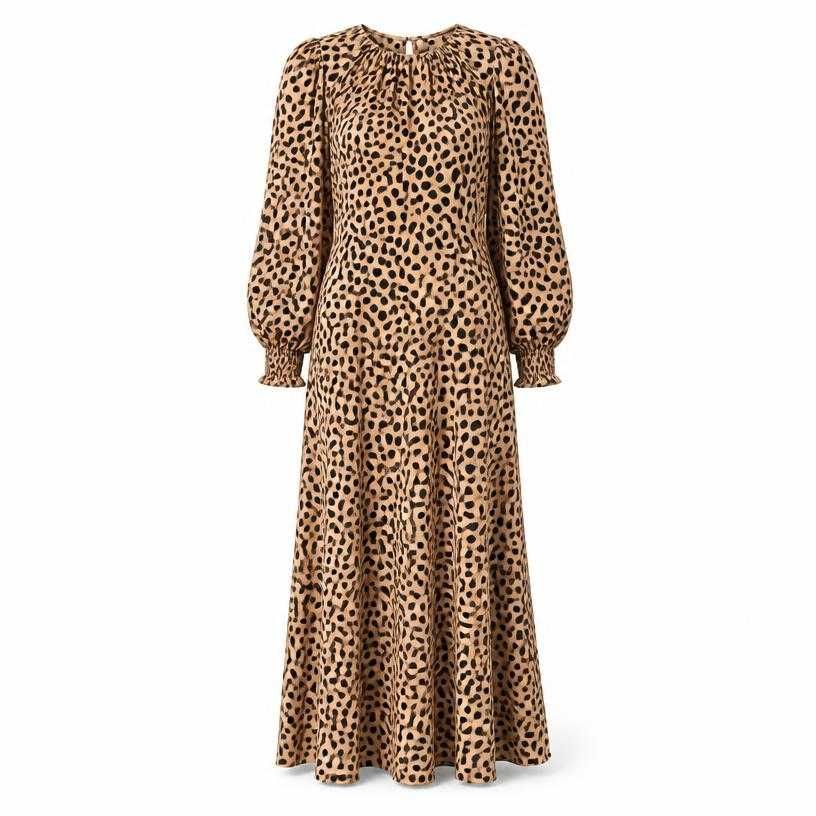 relaxed tan animal print drapey fabric maxi dress