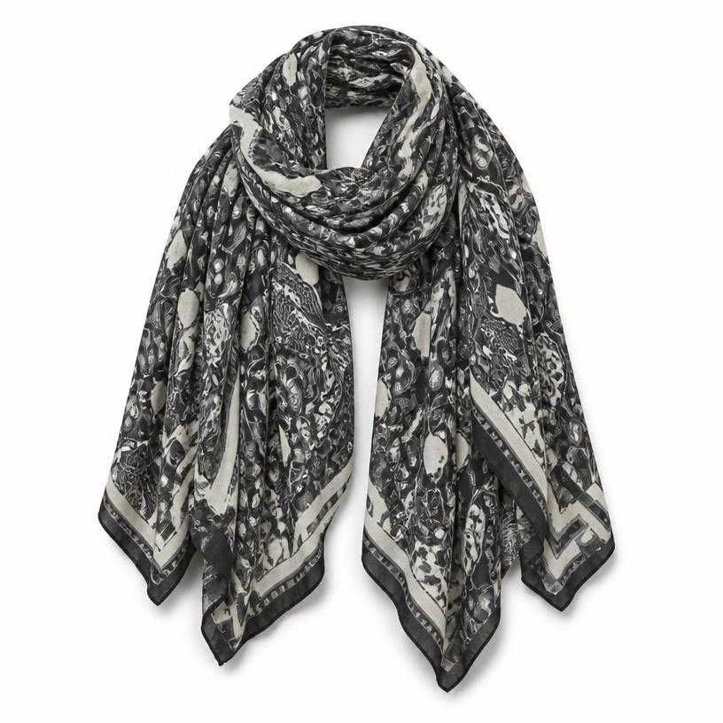 relaxed black grey and off-white decorative print scarf