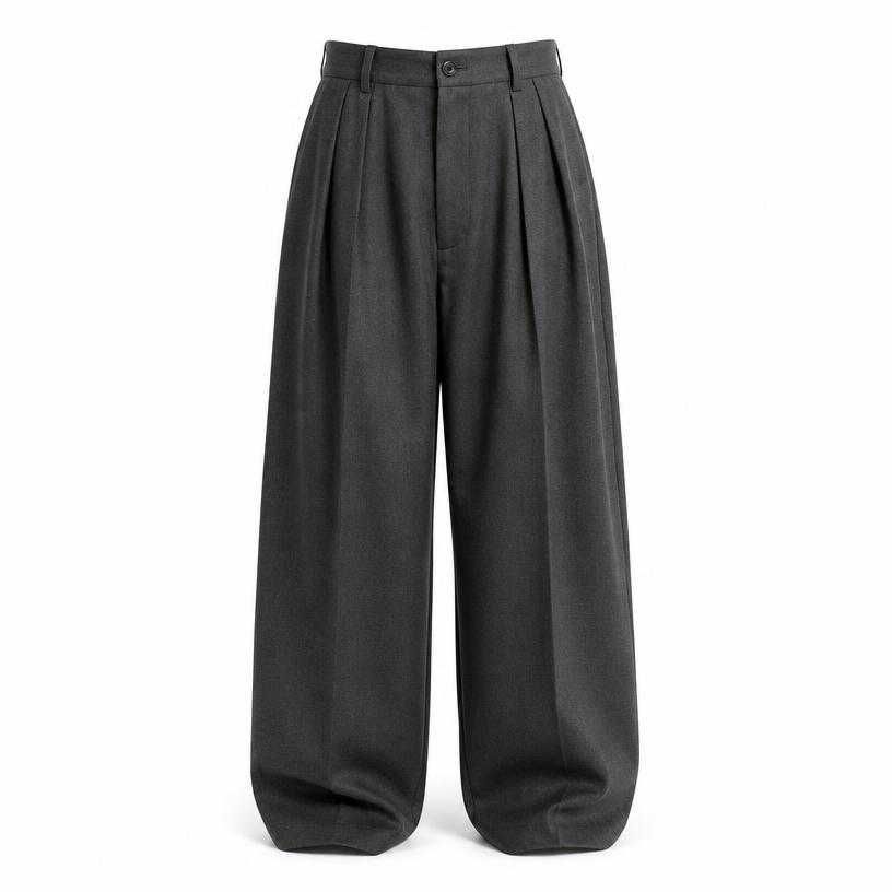 oversized charcoal grey high rise pleated trousers