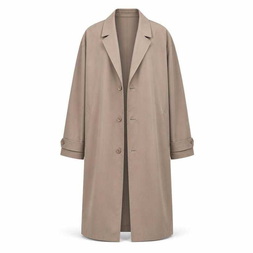 relaxed taupe beige notched lapel smooth woven fabric long coat