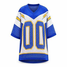 oversized bright blue graphic panels perforated synthetic mesh sports-jersey dress