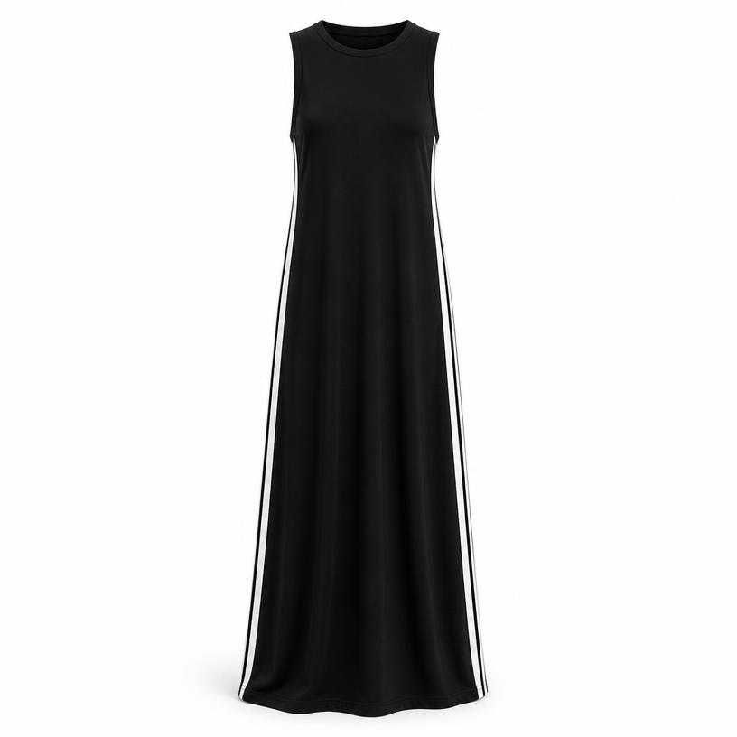 relaxed black and white striped jersey-like fabric sleeveless maxi dress