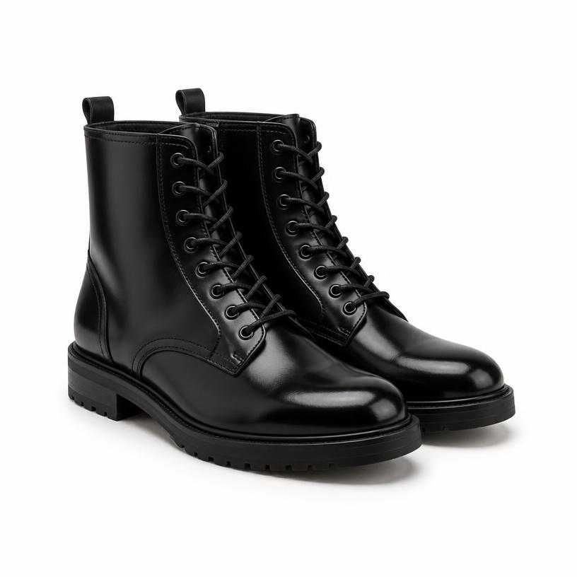 black ankle height glossy leather-like lace-up boots