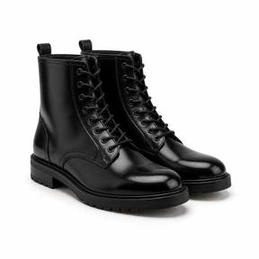 black ankle height glossy leather-like lace-up boots