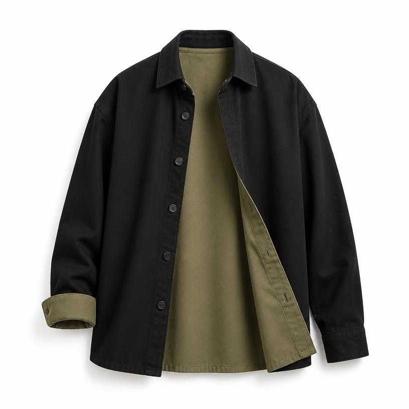 relaxed black open-front cotton twill overshirt