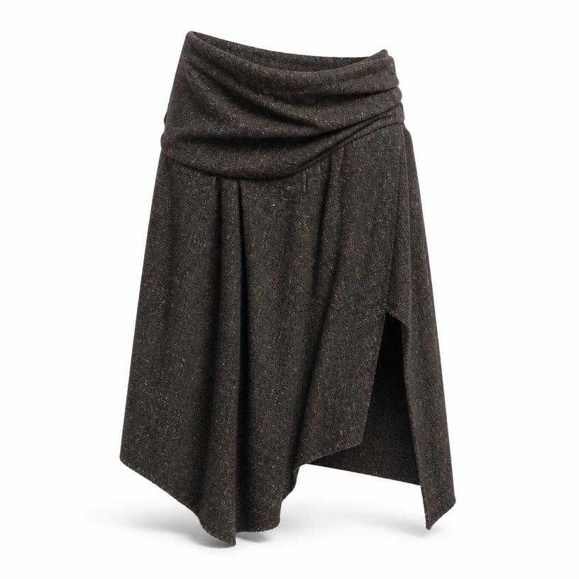relaxed dark charcoal brown asymmetric woven draped skirt