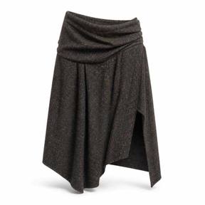 relaxed dark charcoal brown asymmetric woven draped skirt