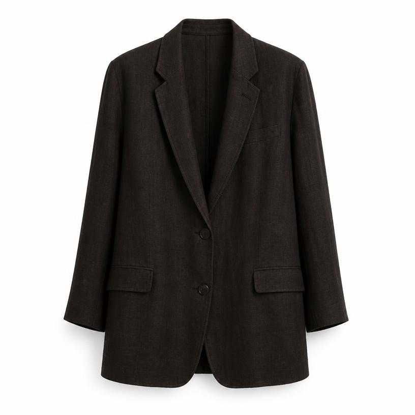 relaxed very dark brown-black single-breasted linen-like woven fabric blazer
