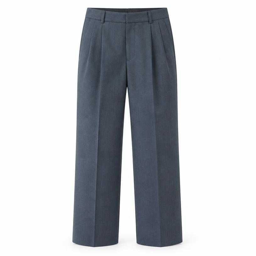 relaxed blue-grey front crease woven suiting fabric tailored trousers