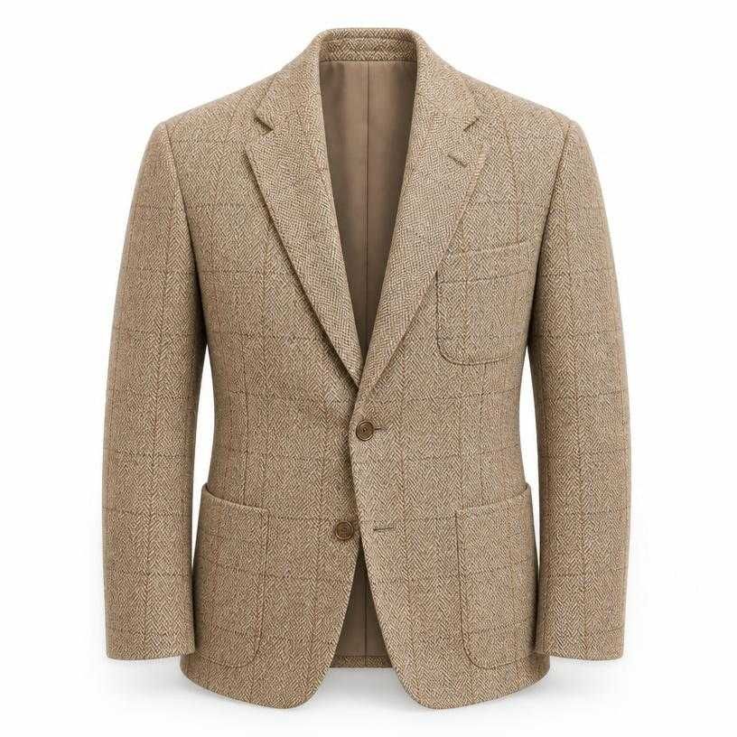 relaxed beige tan herringbone tweed suit jacket