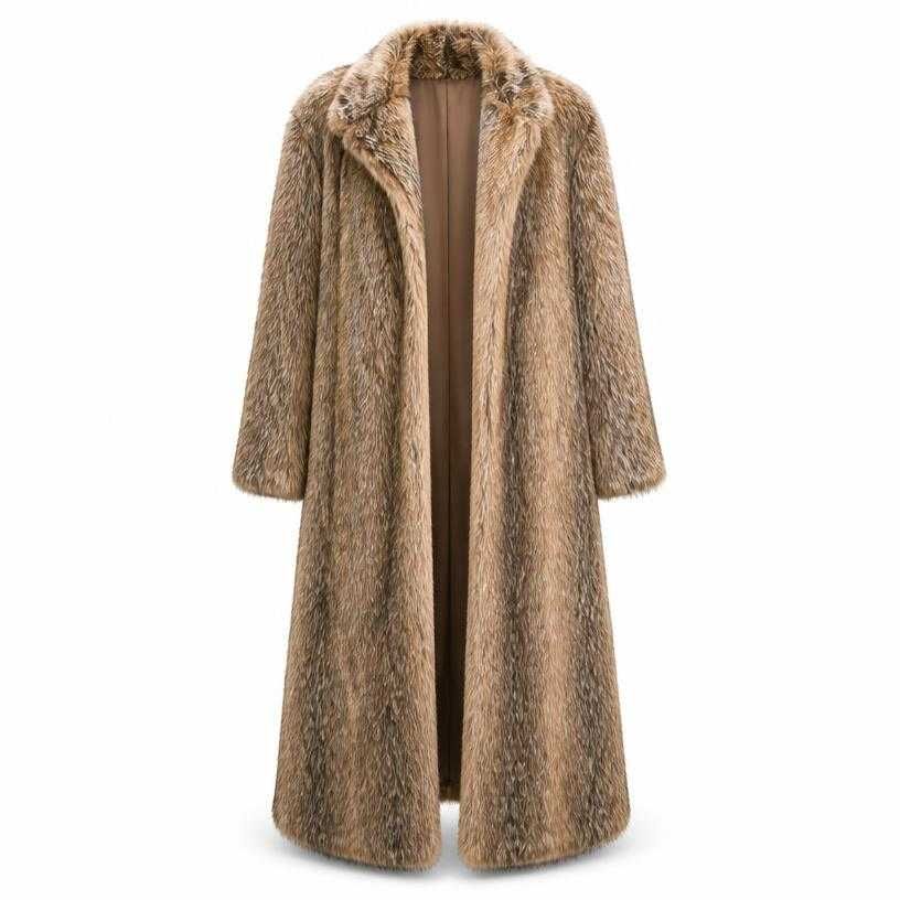 relaxed brown beige long faux-fur coat