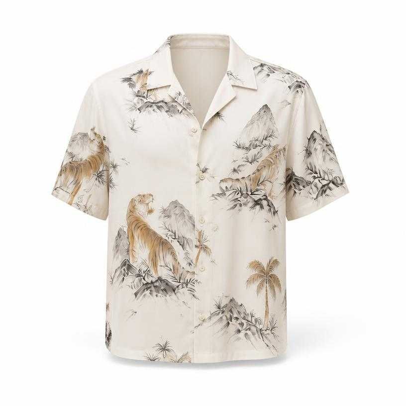 relaxed cream scenic print woven fabric camp-collar shirt