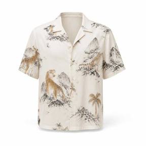relaxed cream scenic print woven fabric camp-collar shirt
