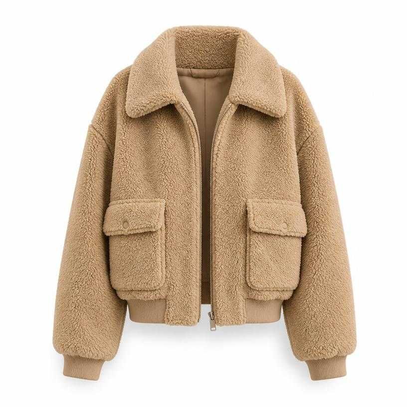 oversized beige tan cropped sherpa fleece teddy jacket
