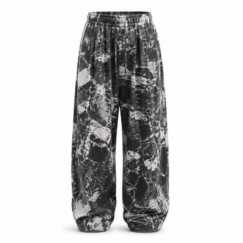 relaxed black grey and white abstract print trousers