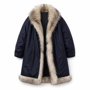 oversized deep navy shaggy trim smooth woven shell fur-trimmed coat