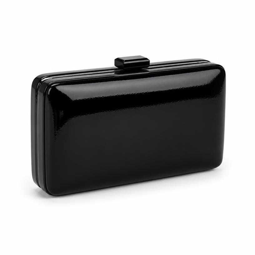 black high-shine patent-like material clutch bag