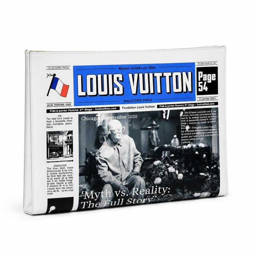 white newspaper-print coated canvas clutch bag