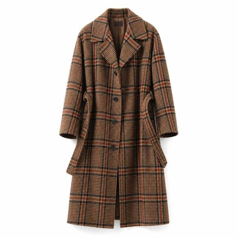 relaxed brown plaid large check wool-like coating overcoat