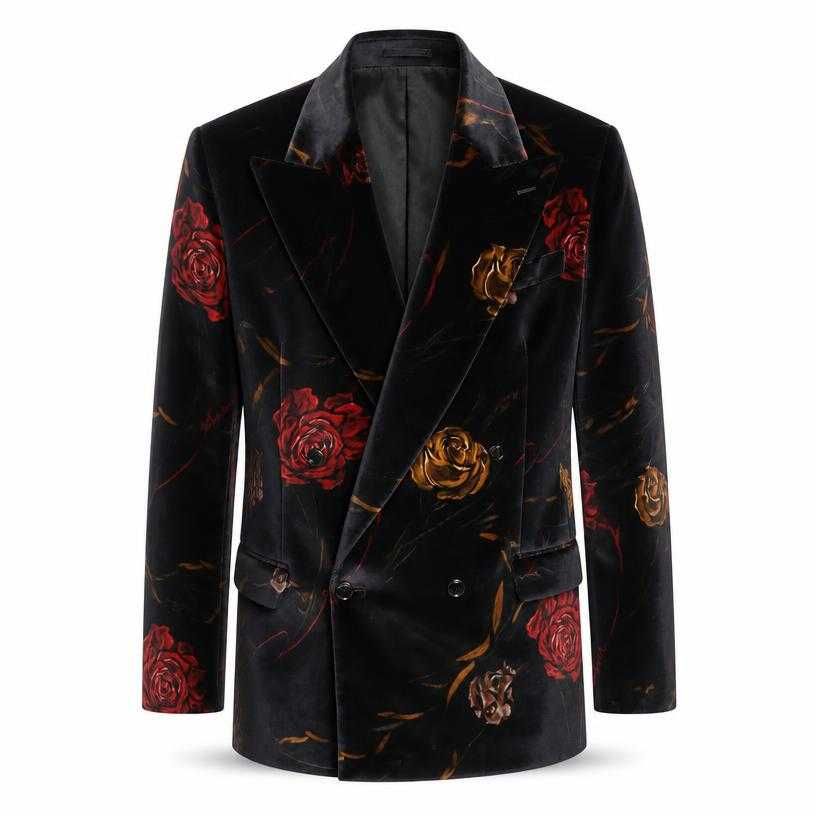 relaxed black with red and gold floral satin-like woven double-breasted suit jacket