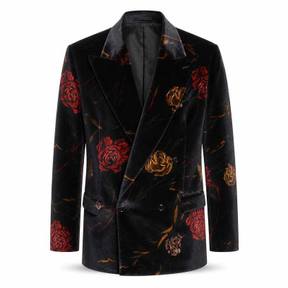 relaxed black with red and gold floral satin-like woven double-breasted suit jacket