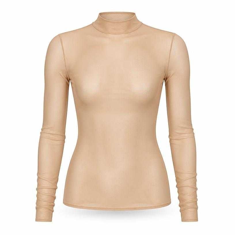 fitted nude beige sheer mesh long-sleeve top