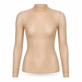fitted nude beige sheer mesh long-sleeve top