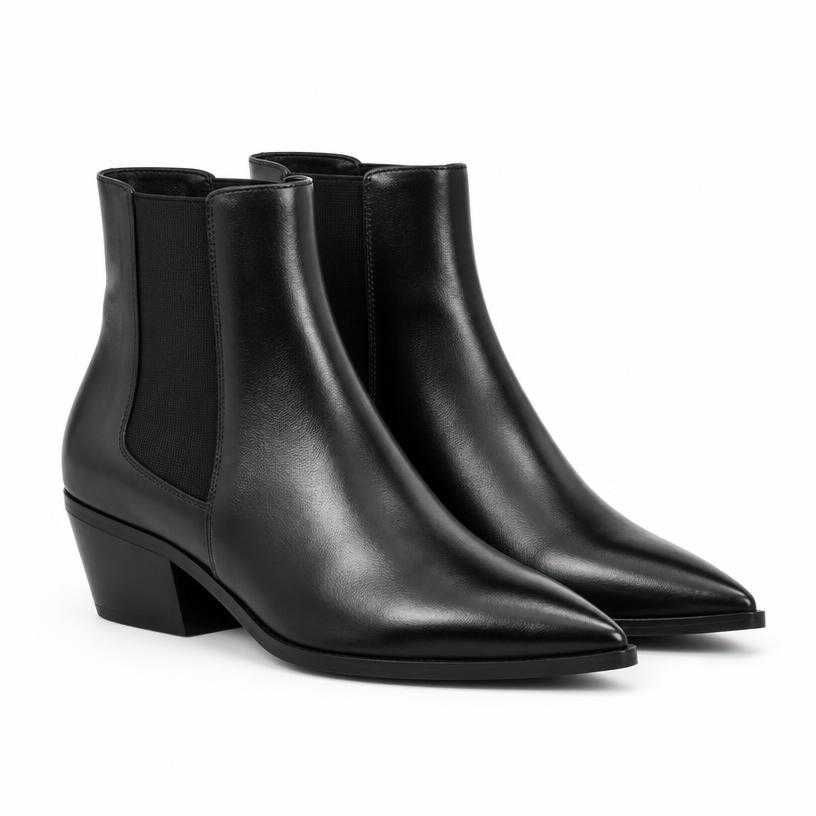 fitted black pointed toe leather-like ankle boots