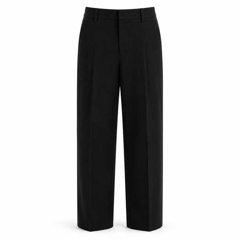 relaxed black straight leg woven fabric trousers
