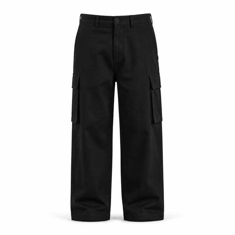 relaxed black wide-leg cotton twill cargo trousers