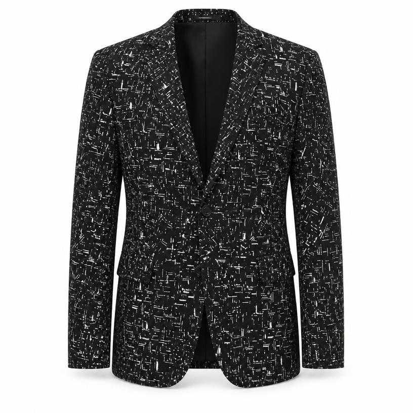 fitted black and white abstract dash woven suiting suit jacket