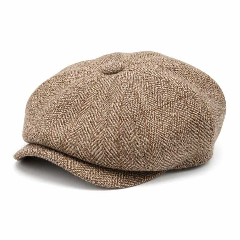 beige tan herringbone tweed flat cap