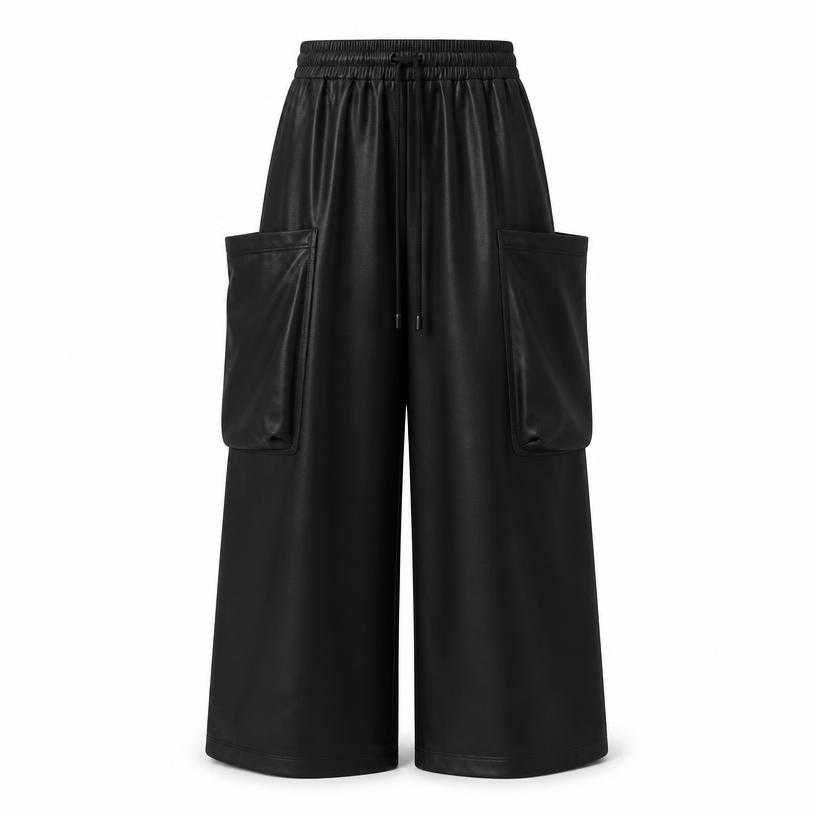 oversized black cargo pockets coated fabric wide-leg trousers