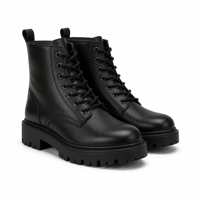 black chunky sole leather lace-up boots