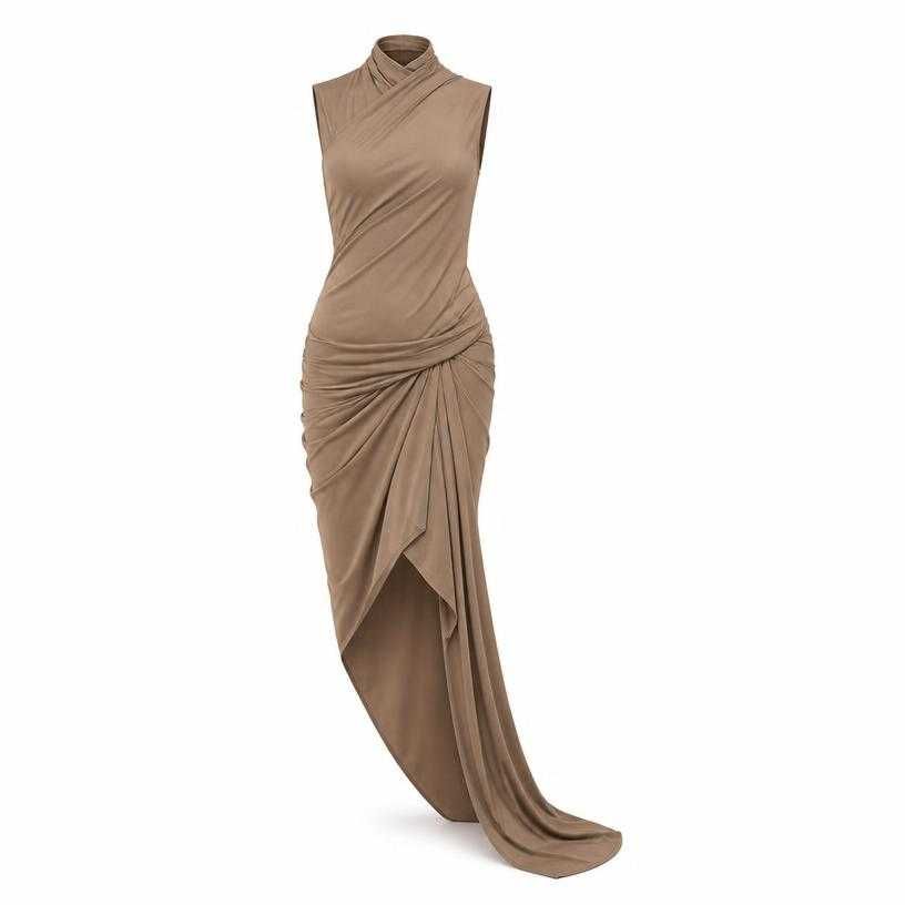 fitted taupe beige asymmetrical jersey-like fabric draped dress
