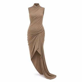 fitted taupe beige asymmetrical jersey-like fabric draped dress