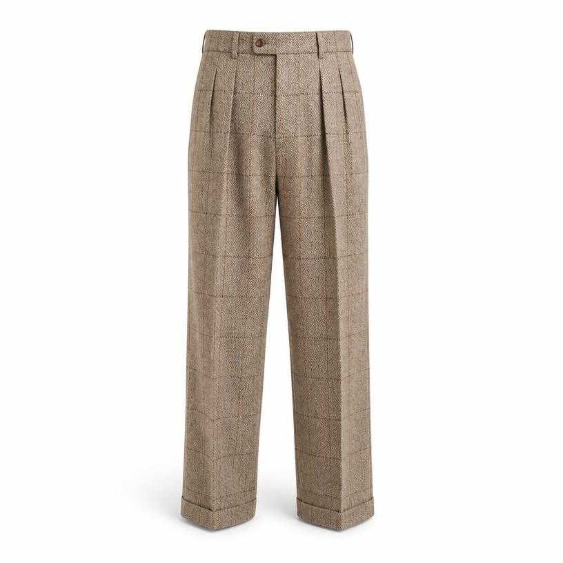 relaxed beige tan front pleats tweed trousers