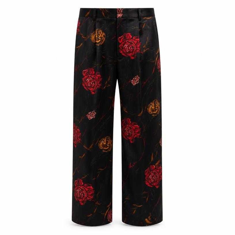 relaxed black with red floral satin-like woven trousers