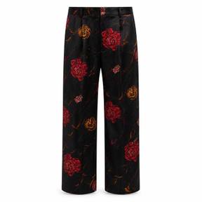 relaxed black with red floral satin-like woven trousers