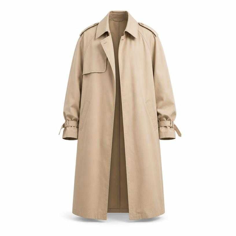 beige tan long length cotton twill trench coat