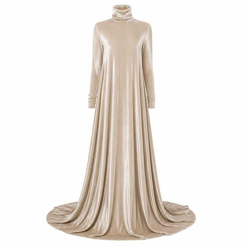relaxed champagne beige high neck satin-like fabric gown