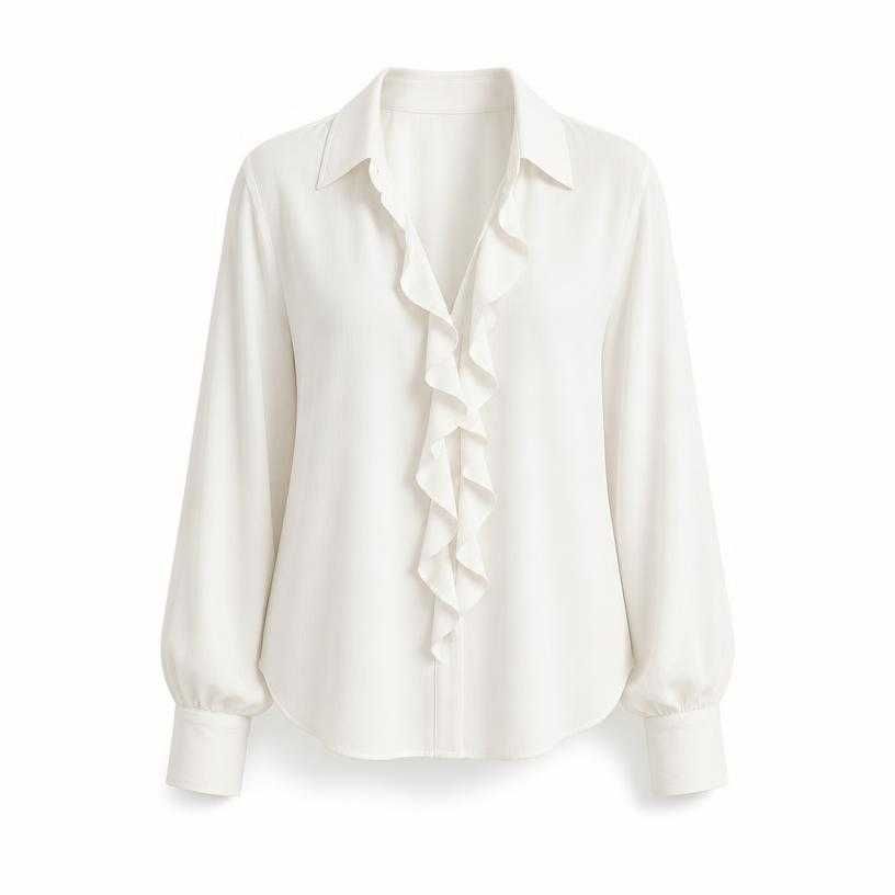 relaxed white front ruffle woven fabric blouse