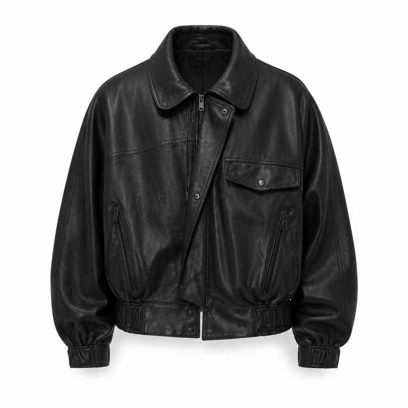 oversized black cropped leather leather jacket