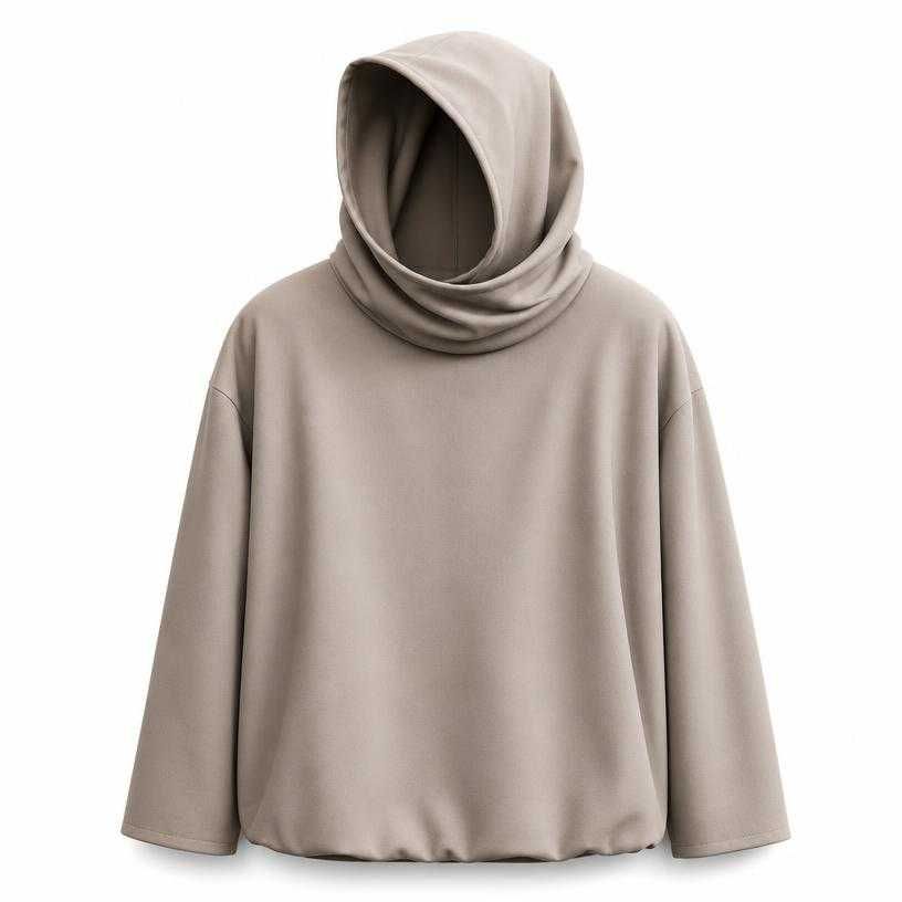 relaxed taupe beige draped hood smooth matte woven fabric hooded outer garment