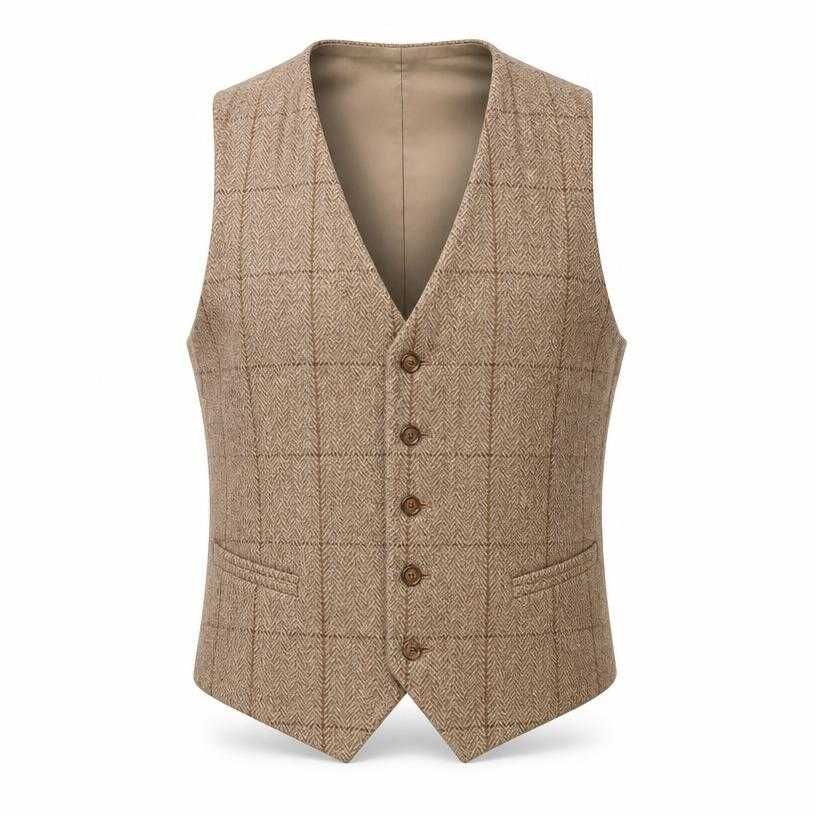 fitted beige tan button front tweed waistcoat