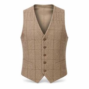 fitted beige tan button front tweed waistcoat