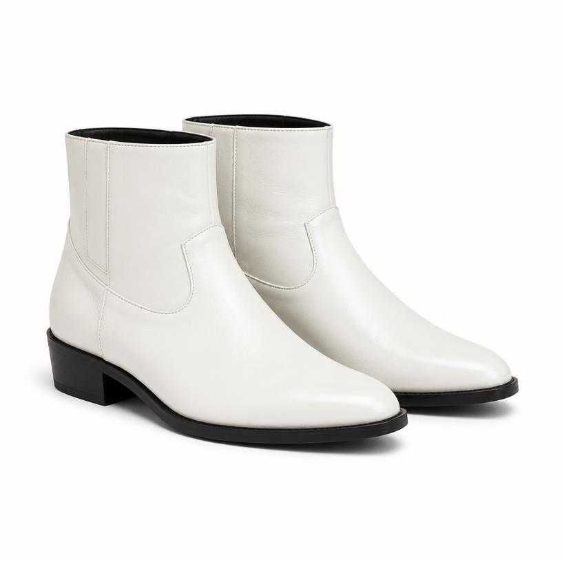 white low block heel leather ankle boots