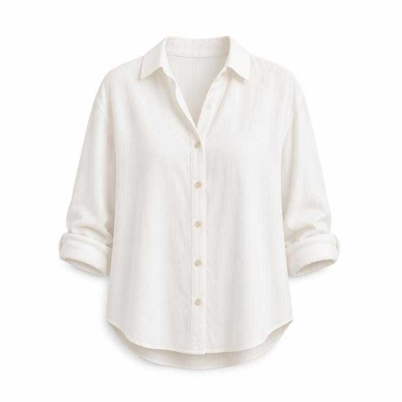 relaxed white collared lightweight woven fabric button-up shirt